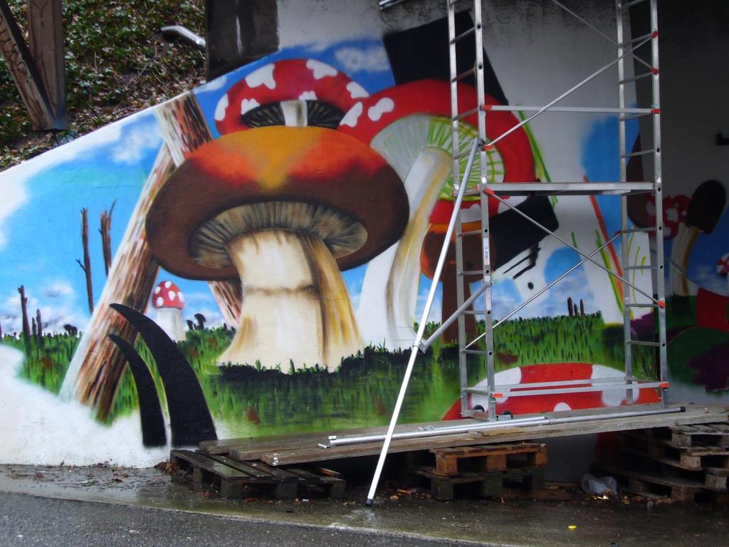 Fresque sur le thème des champignons, nous et notre environnement réalisée par l'artiste genevois, "EKLA". février 2014